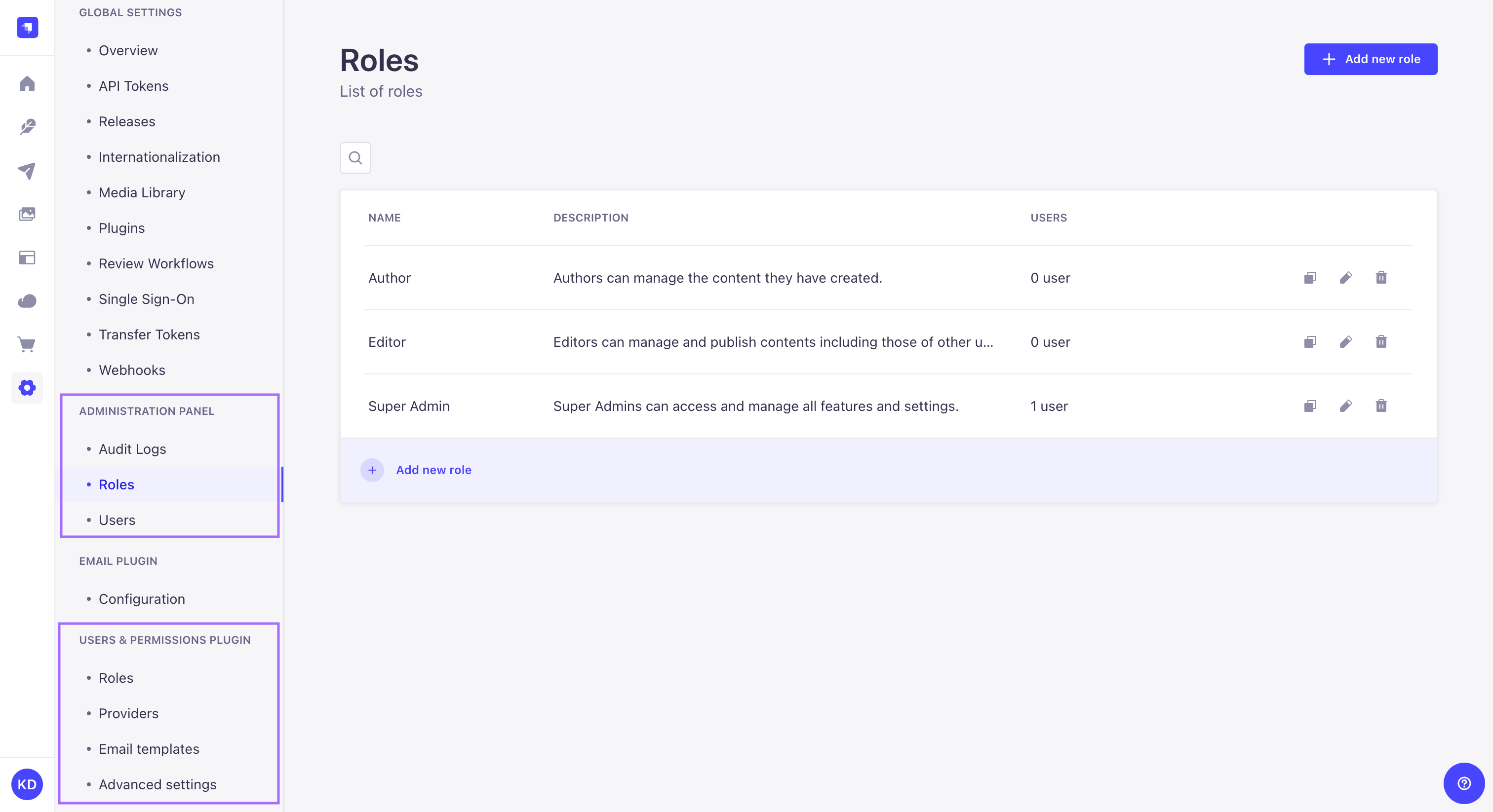 Users, permissions and roles settings